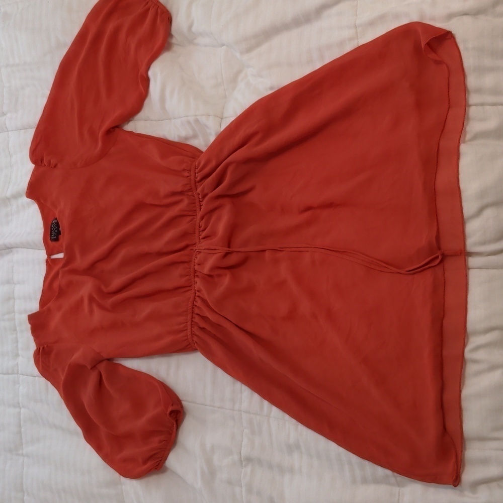 ENFOCUS Studio pretty orange dress with an elastic waist and sheer sleeves sz 12
